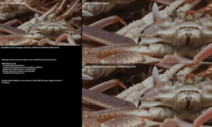 Deadliest Catch frame courtesy of Warner Bros. Discovery shown three ways: 1920x1080 original, 4K bicubic upres, and 4K with Cinnafilm Dark Energy and NVIDIA Video RTX.