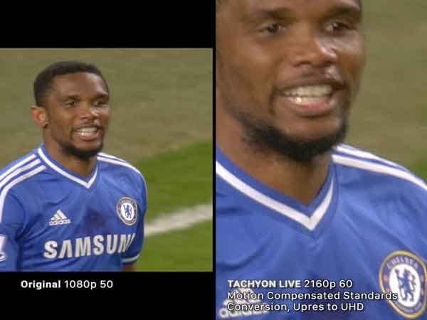 Tachyon Live demo: the same football footage at original 1080p50 beside a 2160p60 version, motion-compensated standards conversion and upres to UHD.