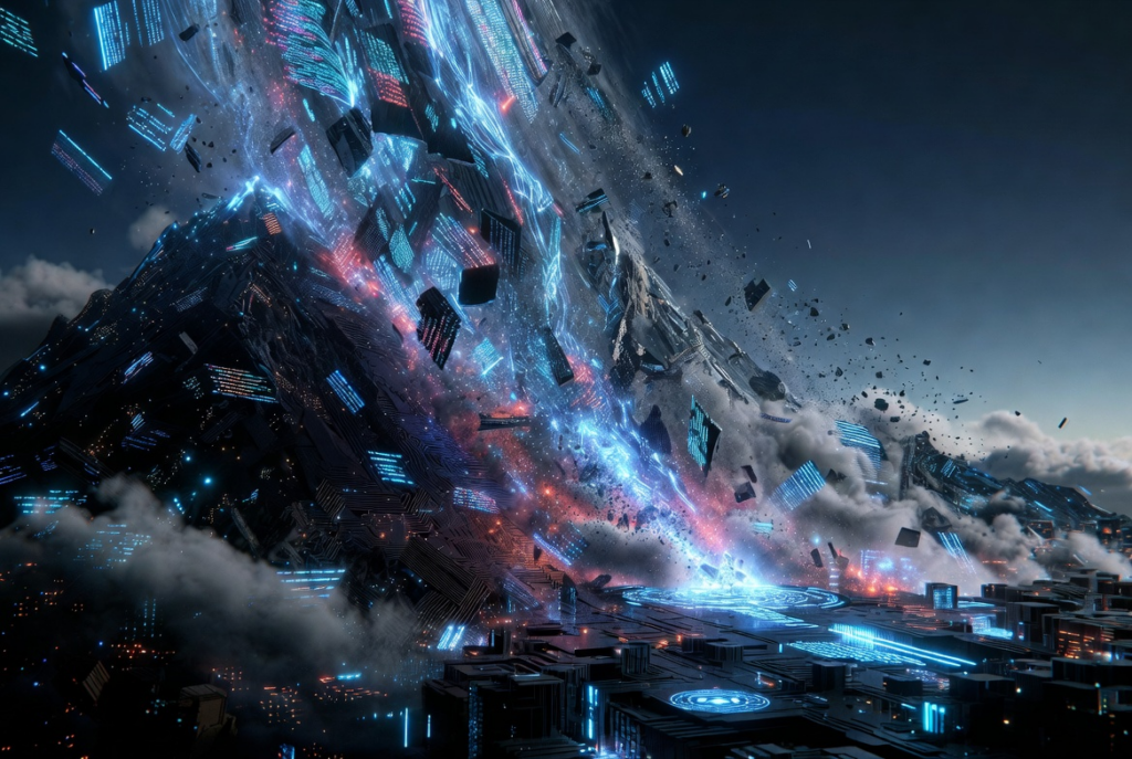 Illustration: an avalanche of data and circuitry cascading down a mountain over a digital city.