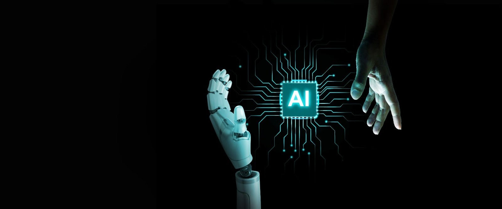 Illustration: a robotic hand and a human hand reaching toward a glowing AI chip.