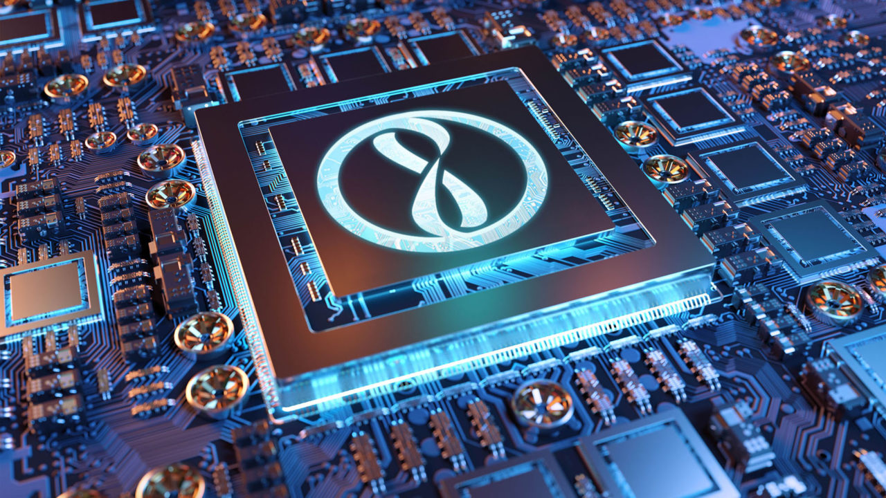 Close-up view of a modern GPU card with circuit and colorful lights and details 3D rendering
